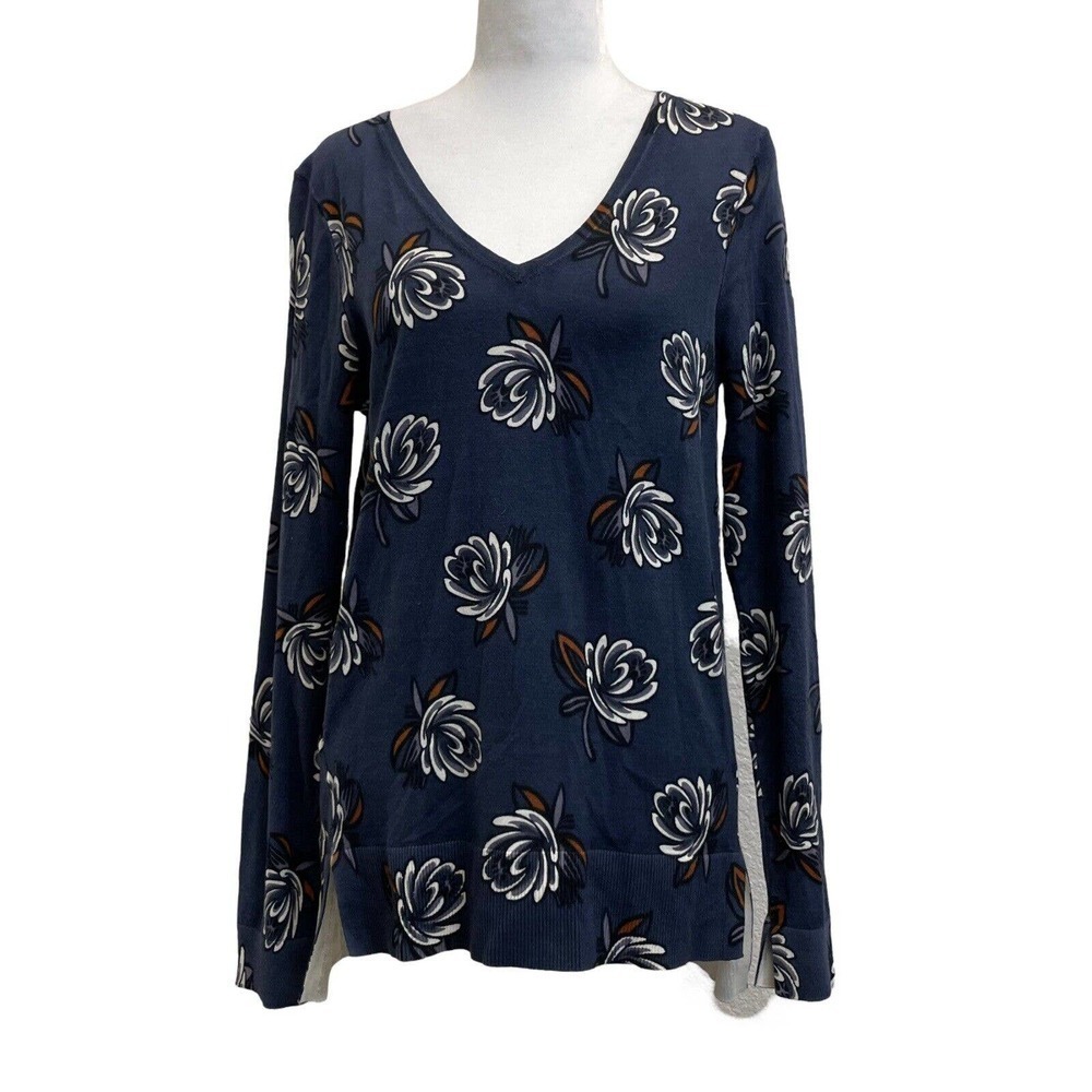 Ann Taylor LOFT 100% Cotton Blue Floral V-Neck Long Sleeve Knit Top